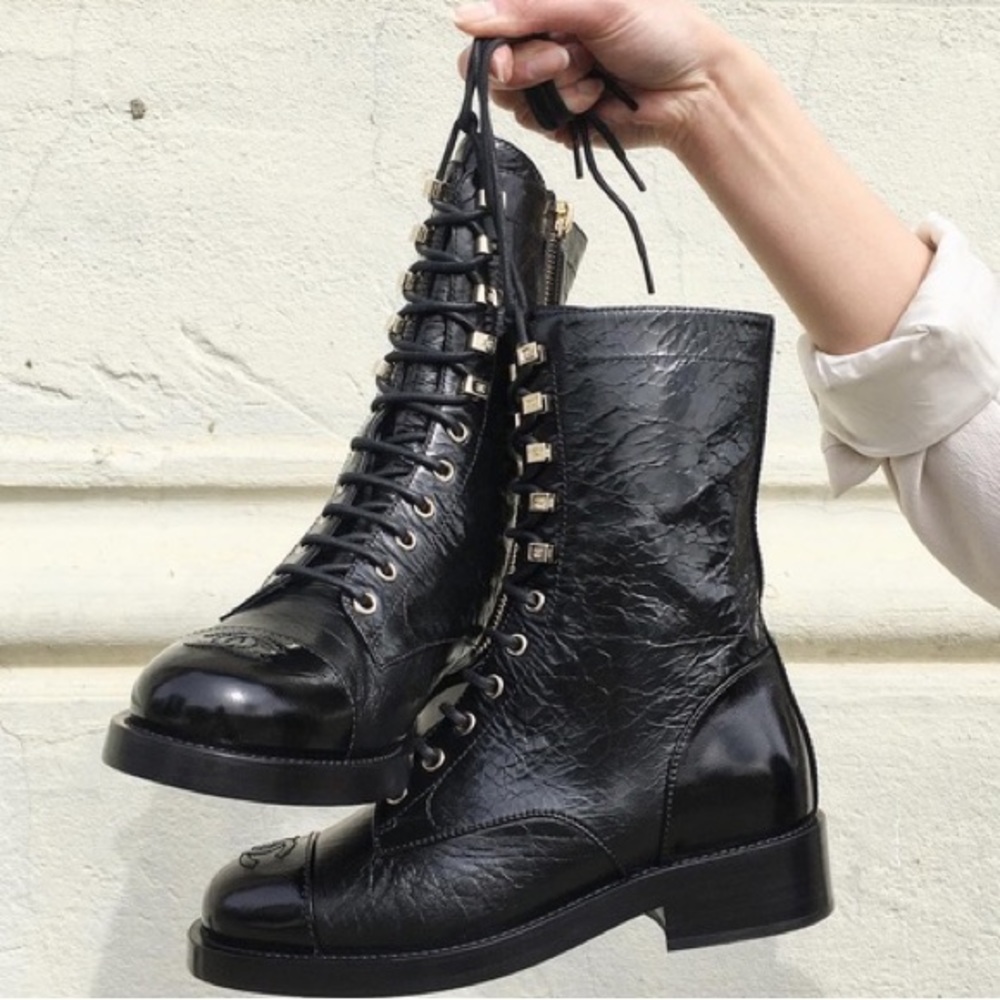CHANEL CRINKLED LEATHER CAP TOE BOOTS RARE